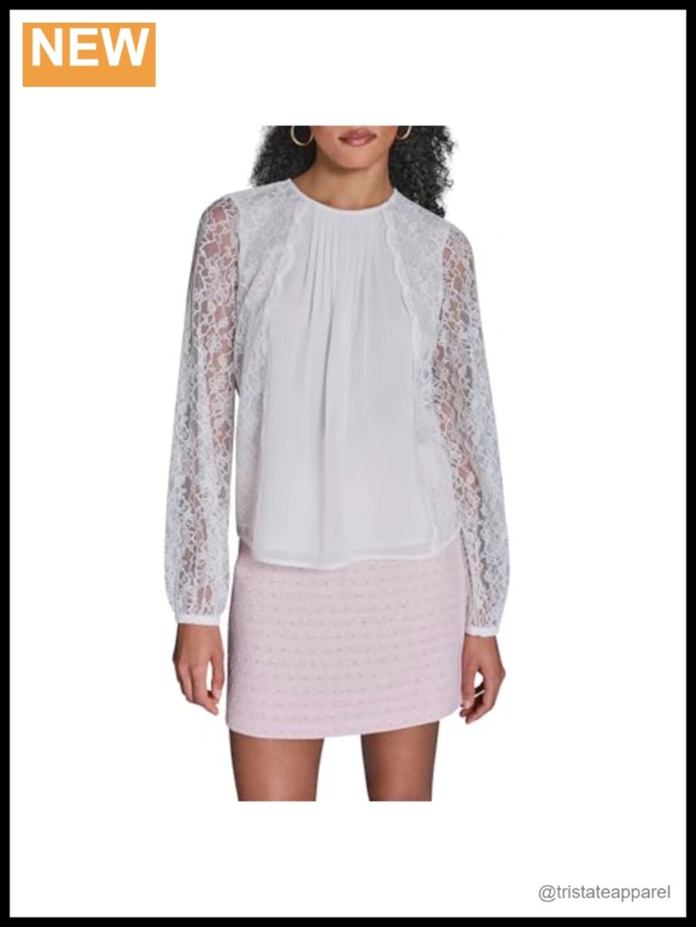 BCBG Woven Long Sleeve Lace Mixed Media Blouse - Women's Top